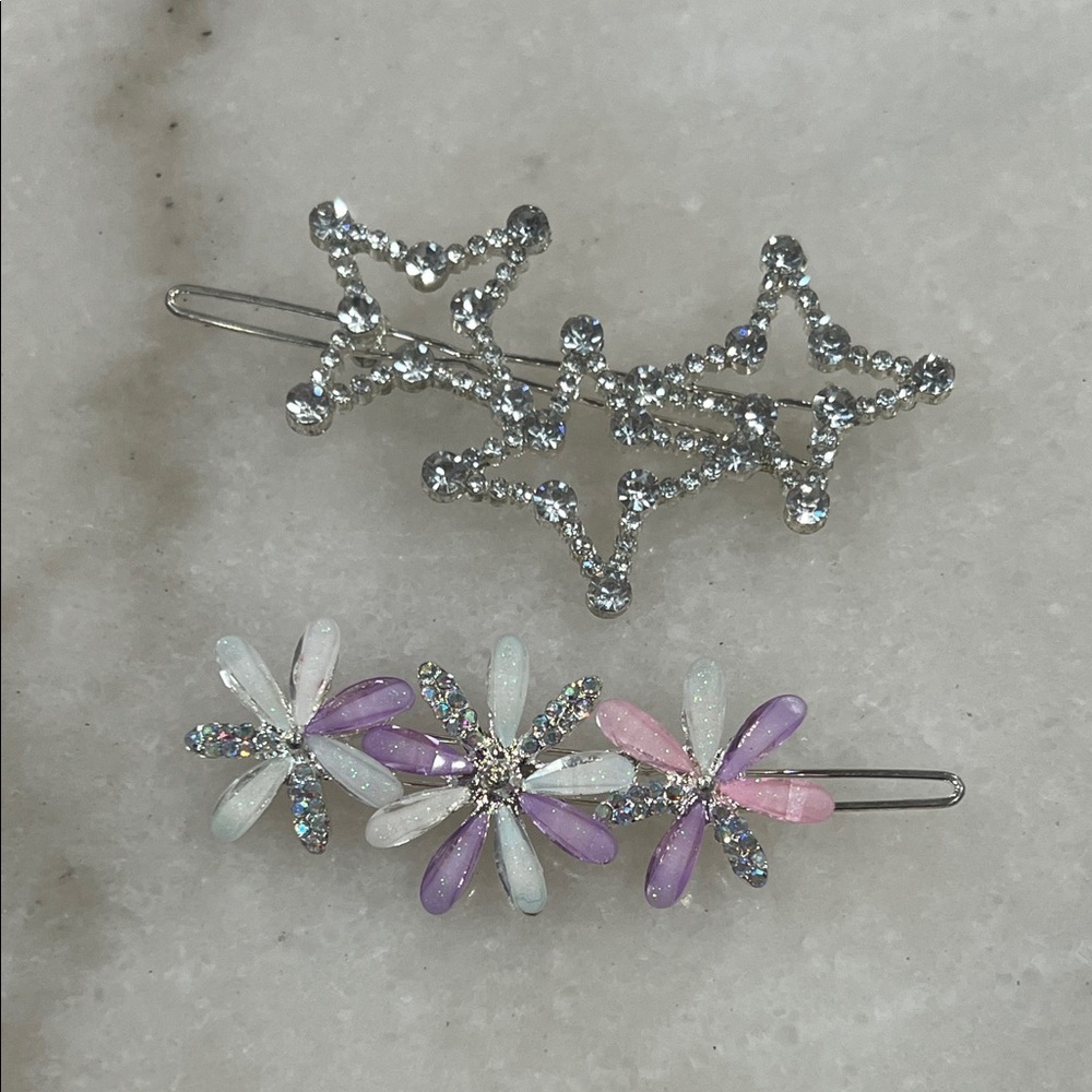 Sparkling Silver Star & Pastel Floral Hair Clips Set